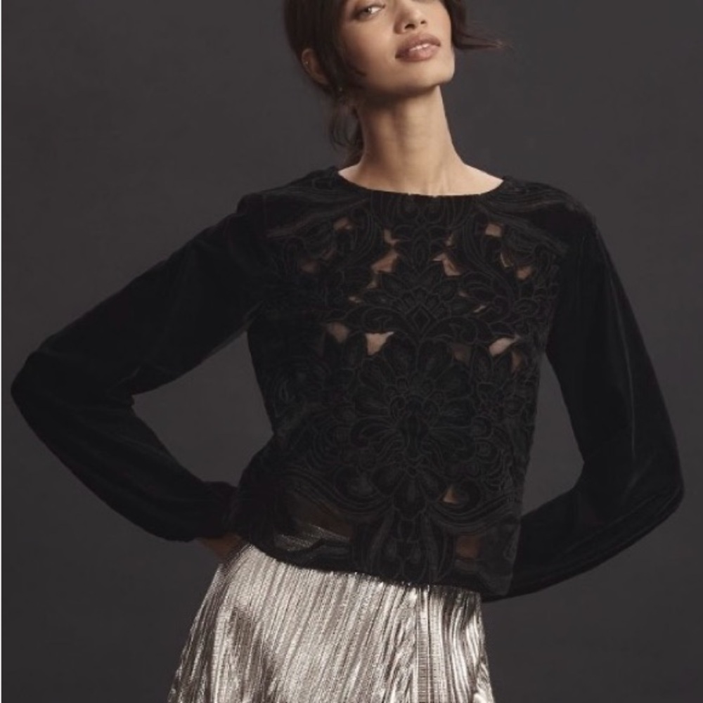 Anthropologie Velvet The Lainie Black Long-Sleeve Lace Cutwork Blouse M